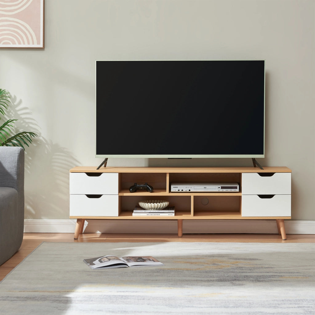 Mobile Porta TV Bordkak con 4 Cassetti a Scomparti Aperti 140 x 30 x 45 cm - Effetto Rovere / Bianco [en.casa]