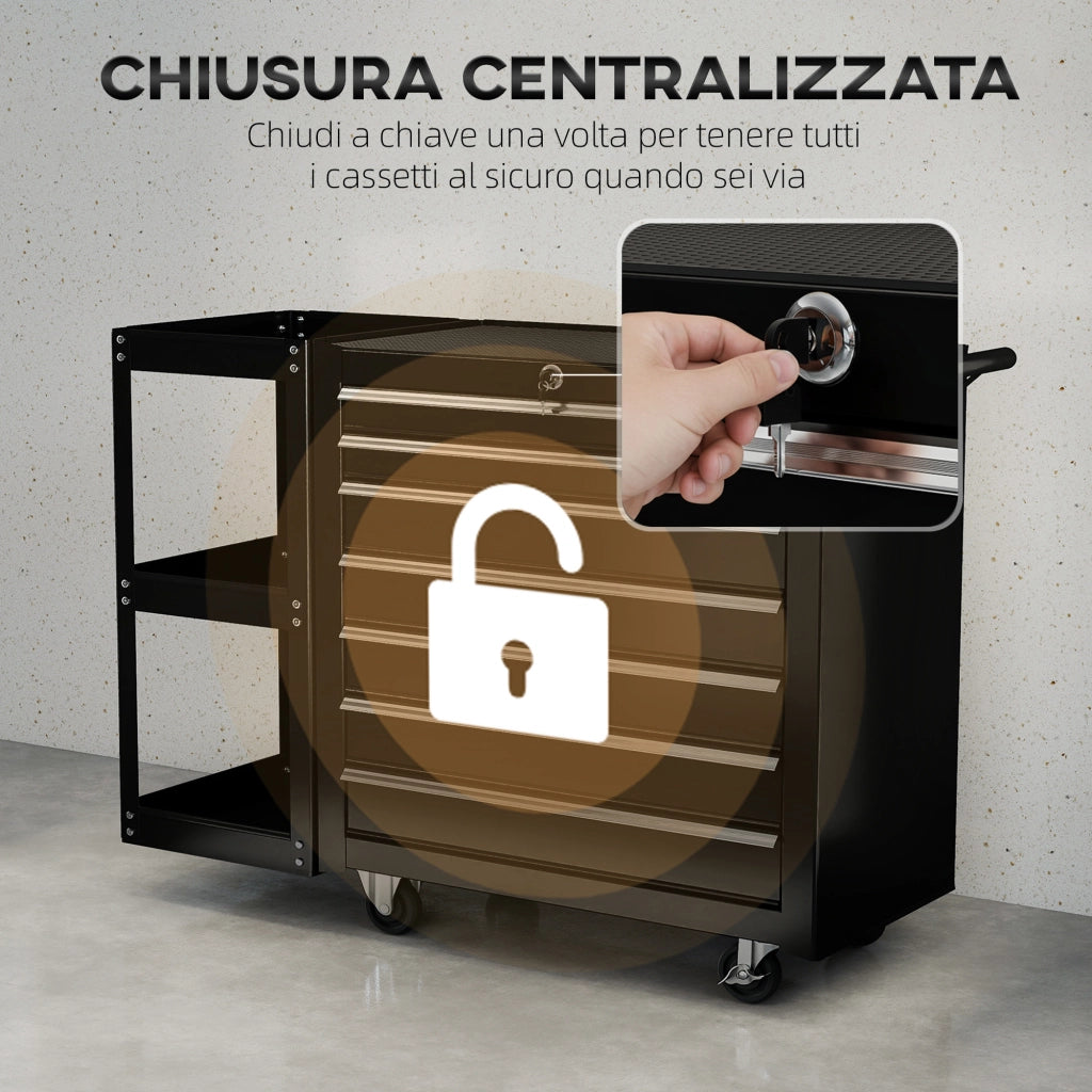 Carrello Portautensili 96x33,5x75 cm con 7 Cassetti Mensola Laterale Staccabile Ruote Capacità 120kg in Acciaio Nero