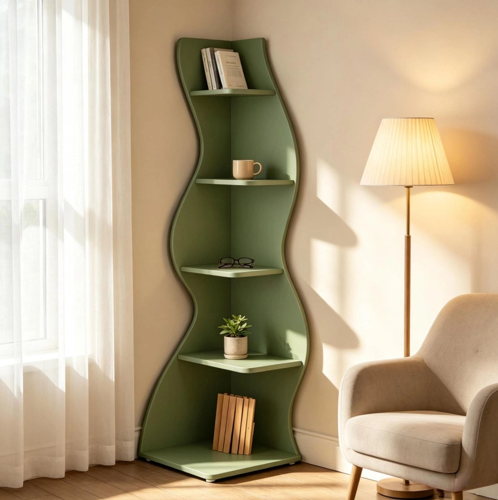 Libreria angolare verde in legno 50x50x182,5 cm, 5 ripiani salvaspazio -