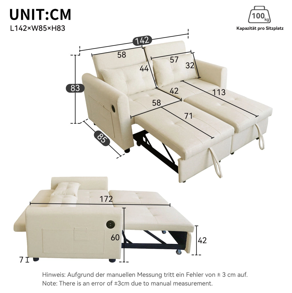 Divano letto 3 in 1; schienale reclinabile; cotone e lino beige