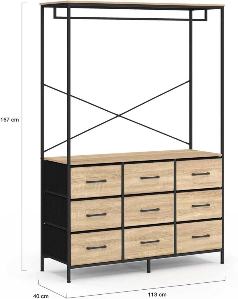 Armadio 115 cm UTAH con 9 cassetti in legno e tessuto nero