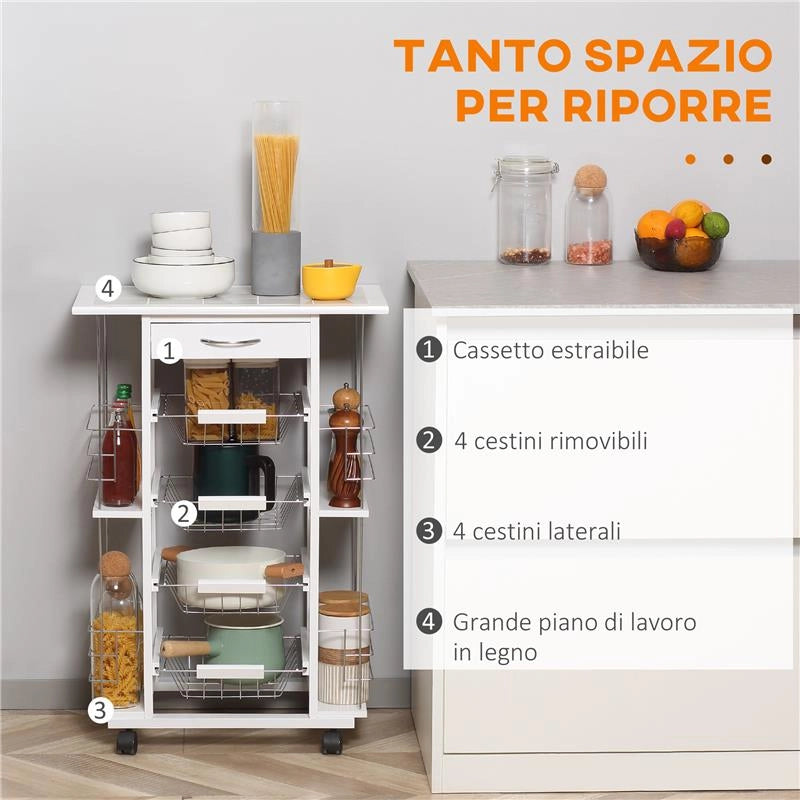 CARRELLO DA CUCINA CON CASSETTO, 4 CESTI E 4 RIPIANI, IN METALLO, CERAMICA E LEGNO, 57X37X83 CM, BIANCO