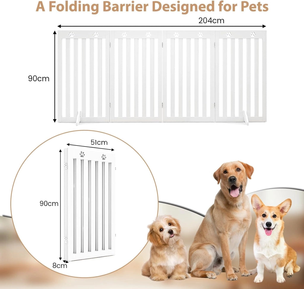 Cancelletto per Cani Pieghevoli 204 x 90 cm, Barriera per Cani in Legno a 4 Pannelli con Piedini Stabili, Recinzione per Scale, Ingressi e Corridoi (Bianco)