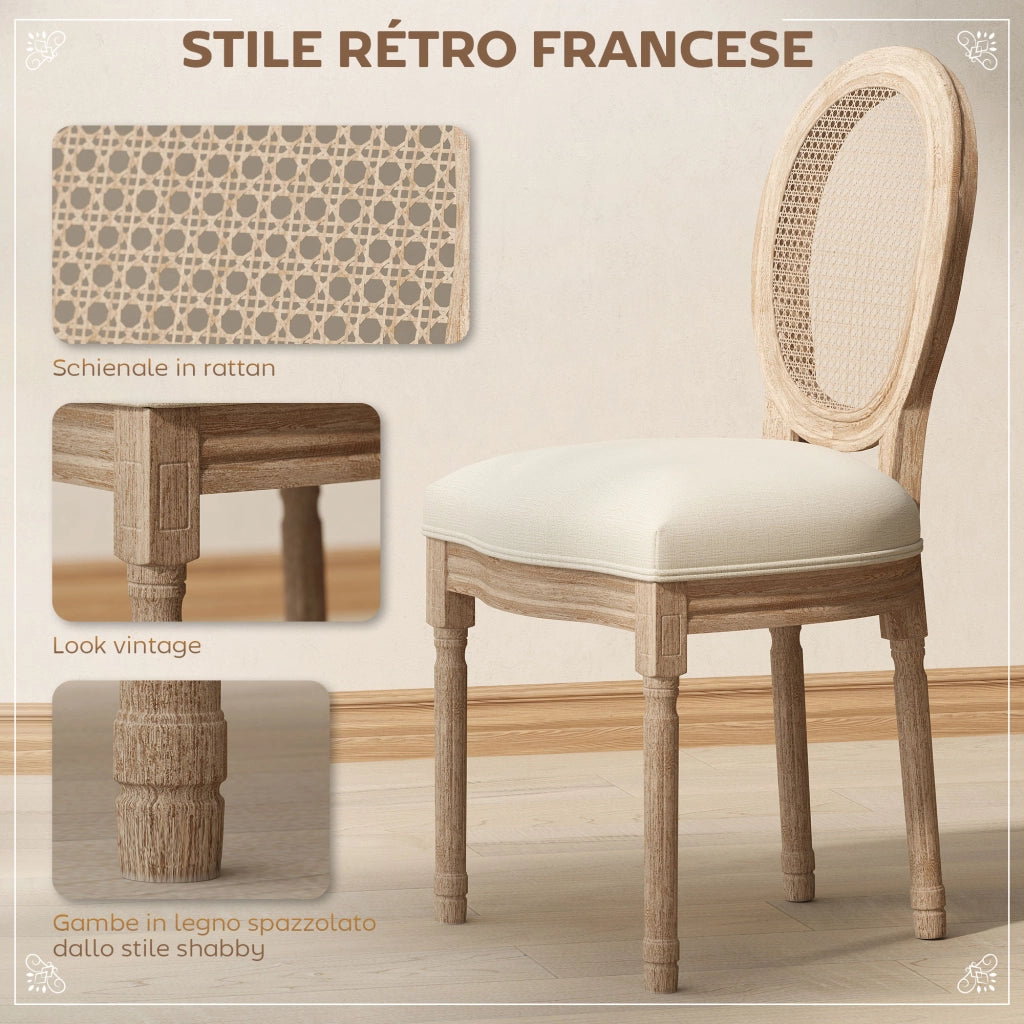 Set 2 Sedie da Pranzo Vintage ¨C Xylo ¨C Legno e Tessuto Schienale Traforato Bianco Crema 49x56x96cm