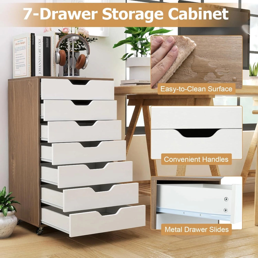 Cassettiera Ufficio con 7 Cassetti, Cassettiera Scrivania con 4 Ruote Bloccabili, Schedario Portadocumenti in Legno, per Stampante per Studio, Camera da Letto, 49 x 40 x 87 cm (Naturale)