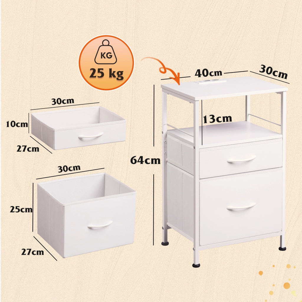 Comodino Bianco con 2 Cassetti in Tessuto e Presa ¨C zephmum ¨C 40x30x60cm