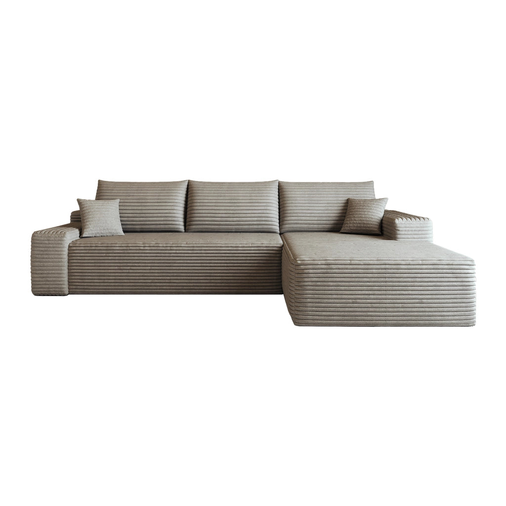 Divano angolare modulare con chaise longue e seduta profonda in tessuto camel