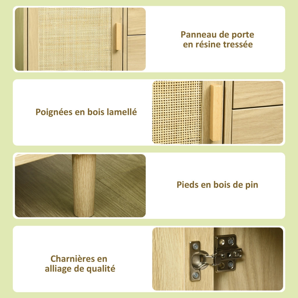 Credenza in rattan con ante intrecciate e 4 cassetti ¨C Xylo ¨C Effetto legno naturale 80x38x80,5 cm