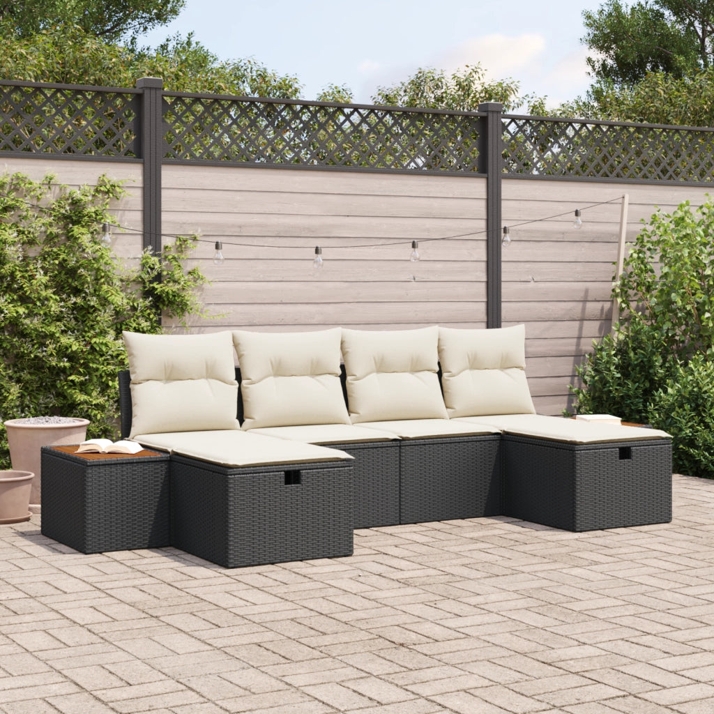 Set di Divano da Giardino a 6 pezzi con Cuscini Rattan Nero