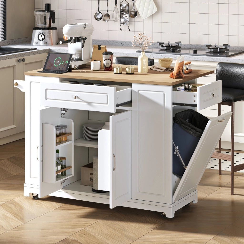 Isola cucina 131.8x40-70x93.3 cm con piano ribaltabile e prese; MDF; bianco naturale
