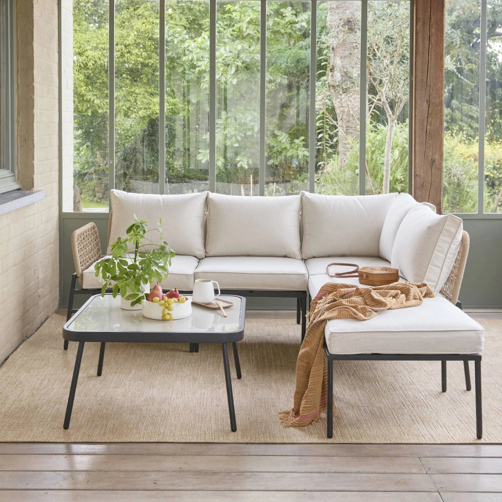 Salotto da giardino angolare in acciaio e corda, 5 posti, beige