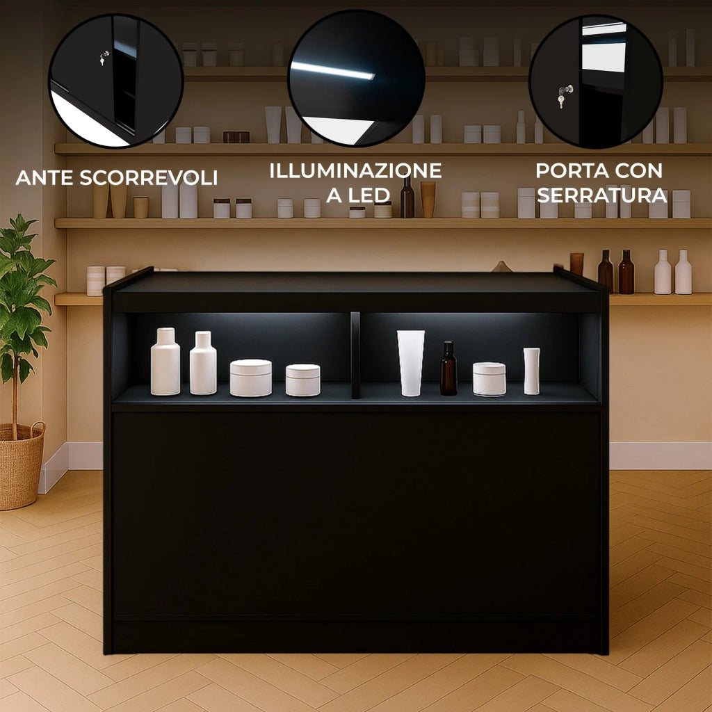 Bancone LED B1200 Nero con 1 Ripiano a Vista e 2 Chiusi