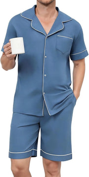 Set da notte uomo in cotone - Set corto a due pezzi con chiusura a bottone - Set di abbigliamento da casa con tasche - Set di abbigliamento da casa con cintura regolabile - Colletto a revers elegante
