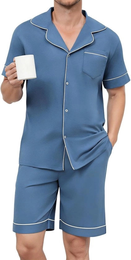 Set da notte uomo in cotone - Set corto a due pezzi con chiusura a bottone - Set di abbigliamento da casa con tasche - Set di abbigliamento da casa con cintura regolabile - Colletto a revers elegante