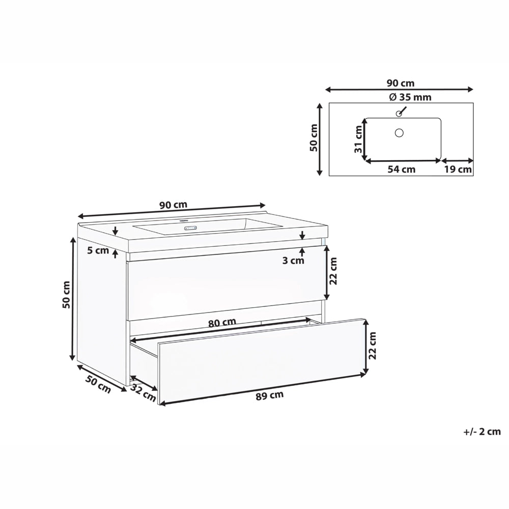 Mobile bagno sospeso bianco 90 x 50 cm con 2 cassetti e lavabo