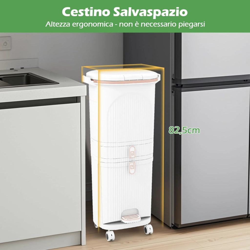 42 L（12+12+14+4 L） Pattumiera Differenziata, Secchio Spazzatura a 3 Scomparti con Cassetto e Coperchi, 2 Secchi Rimovibili Pedale e Ruote, Bidoni Differenziata per Bagno Cucina Ufficio