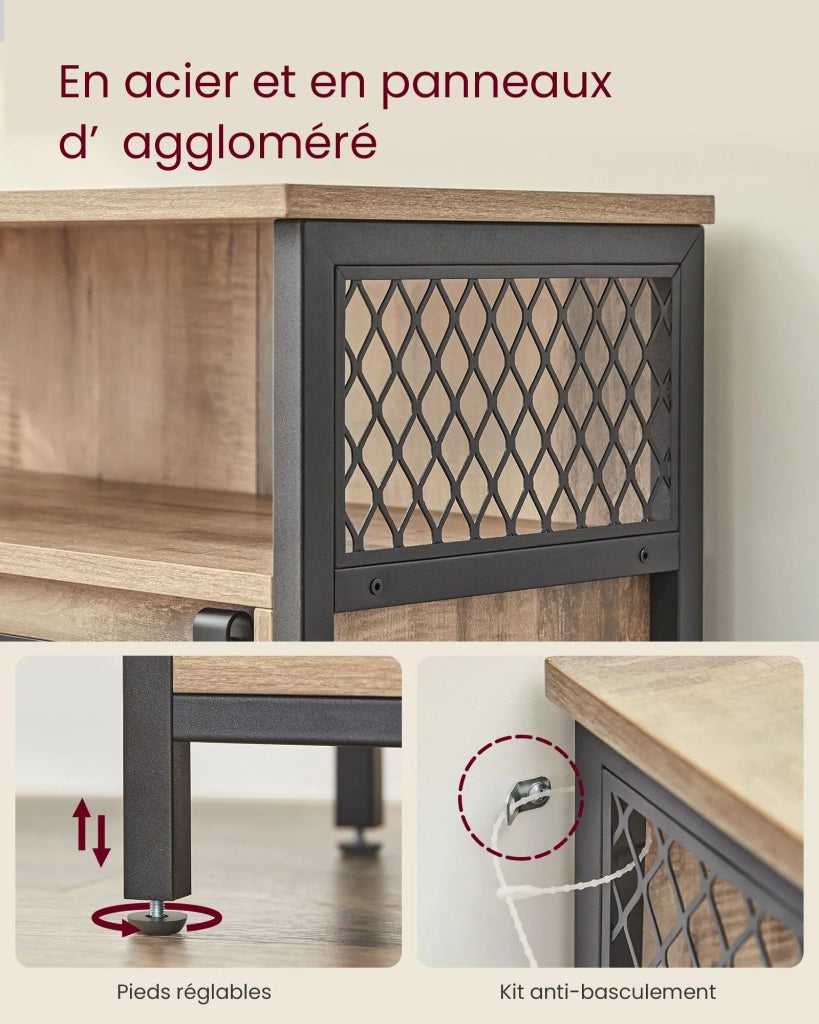 Mobile contenitore con anta scorrevole scomparto aperto ripiano regolabile stile industriale per ingresso soggiorno cucina ufficio marrone rustico e nero 12_0006431