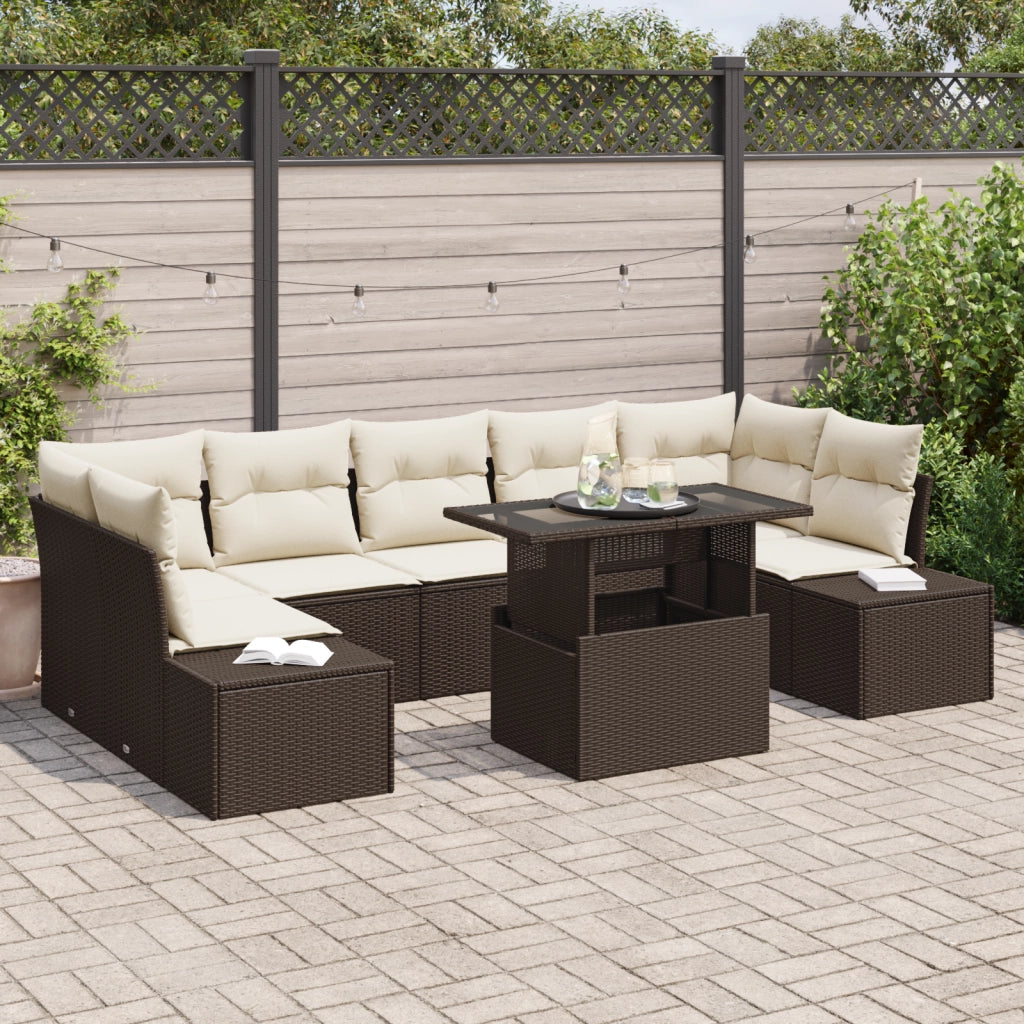 Set da giardino 8 pezzi con cuscini in polirattan marrone