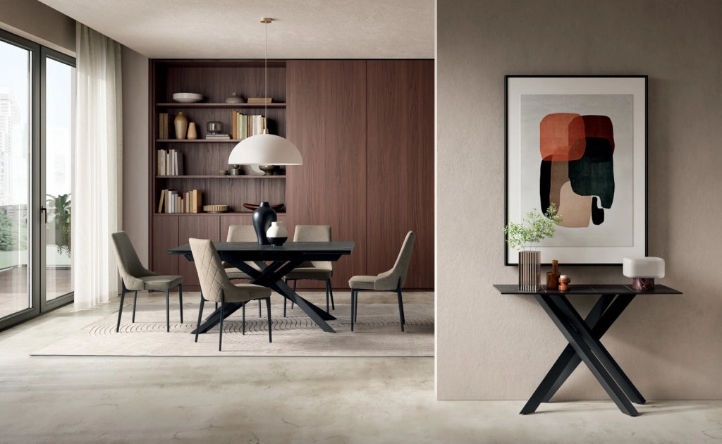 Consolle Xenia - Tavolo d'ingresso con top in ceramica su vetro effetto marmo nero portoro e struttura in metallo nero - 110cm