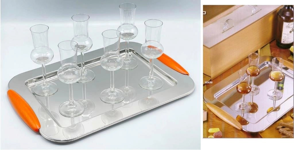 Set 6 Calici Grappa con Vassoio in Acciaio Inox Manici Effetto Legno