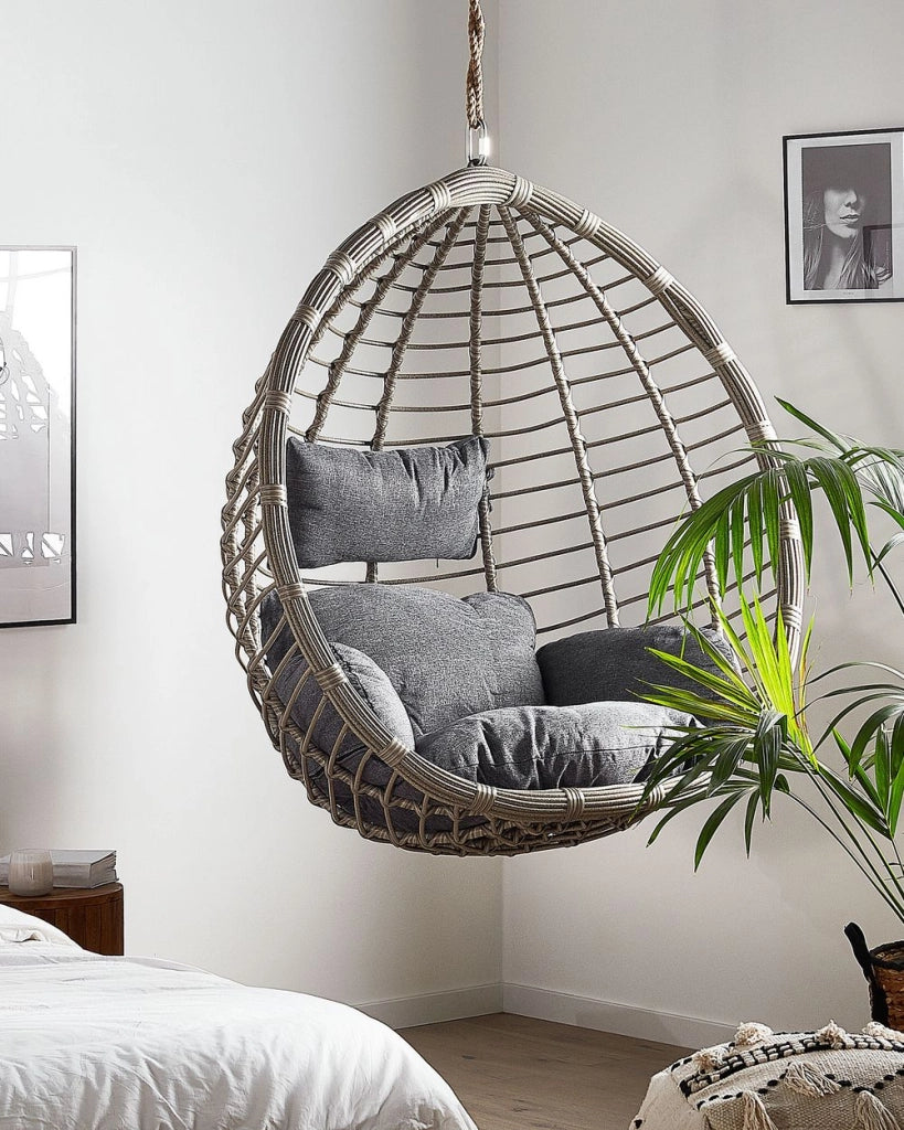Sedia sospesa poltrona pensile in rattan grigio da soffitto a forma di uovo per interni ed esterni moderna Boho