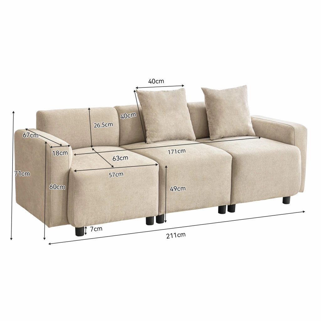 OKWISH Divano Lineare 3 Posti, Seduta Ampia con Schienale Alto e 2 Cuscini, Ciniglia Beige, 211 x 67 x 71 cm