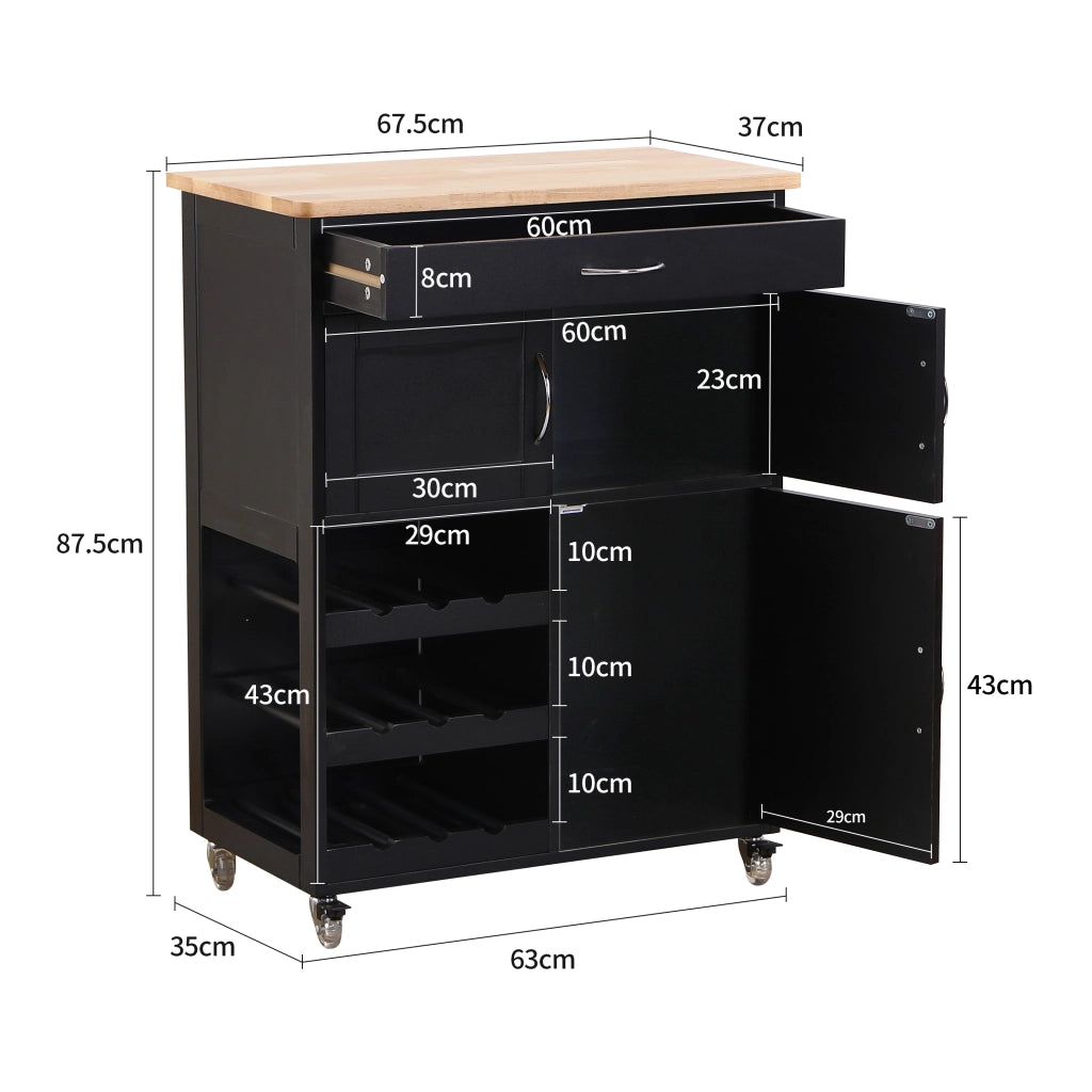 Mobiletto da cucina Febe con ruote in legno nero e top in rovere