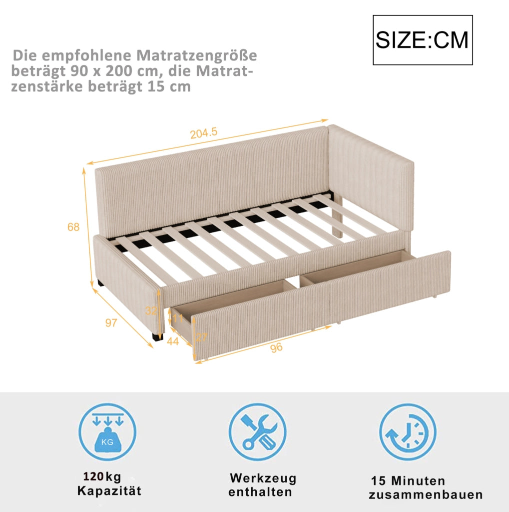 Divano letto imbottito in velluto beige 90x200 cm con 2 cassetti e rete a doghe