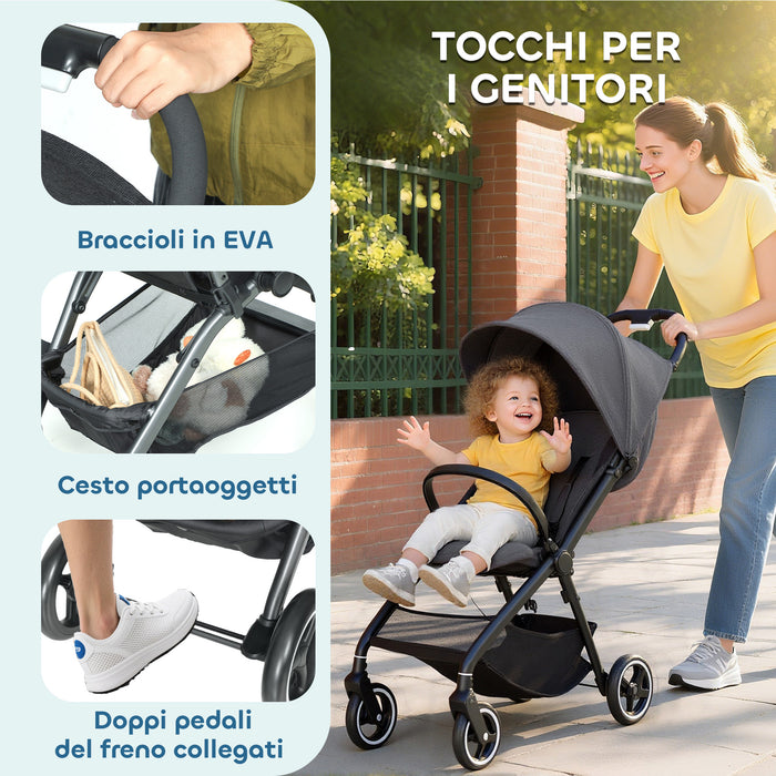 Passeggino per Bambini 0-3 Anni Pieghevole e Leggero Fino a 15 kg Chiusura a Una Mano in Tessuto Grigio Scuro