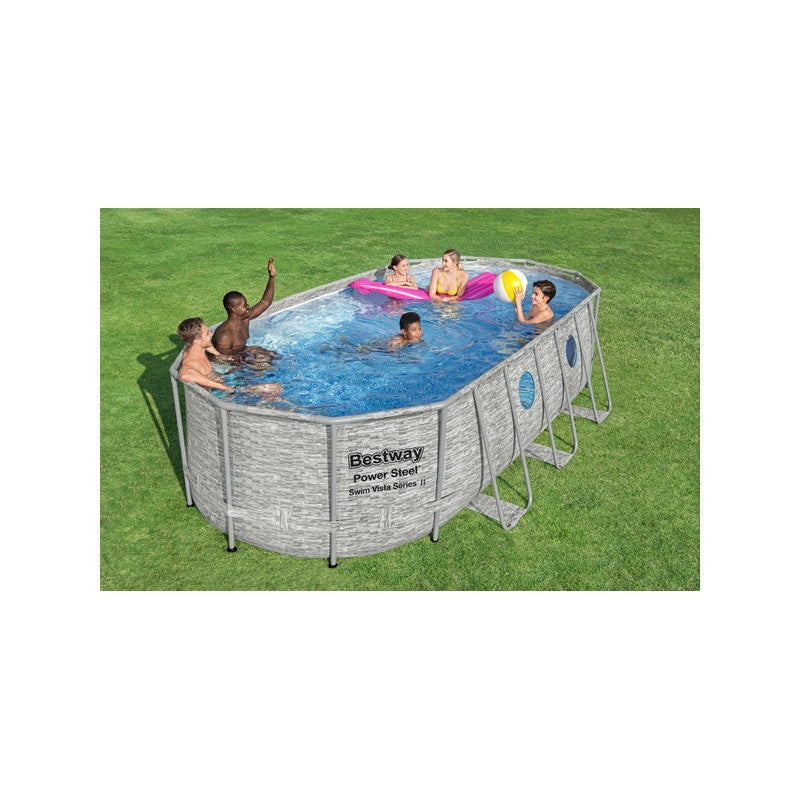 Piscina fuori terra ovale effetto rattan con oblò laterali, 549x274x122 cm con pompa filtro scaletta e copertura - Bestway