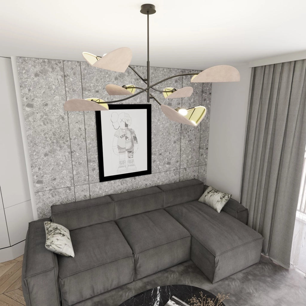 Lampada a sospensione Lotus in acciaio nero e velluto grigio