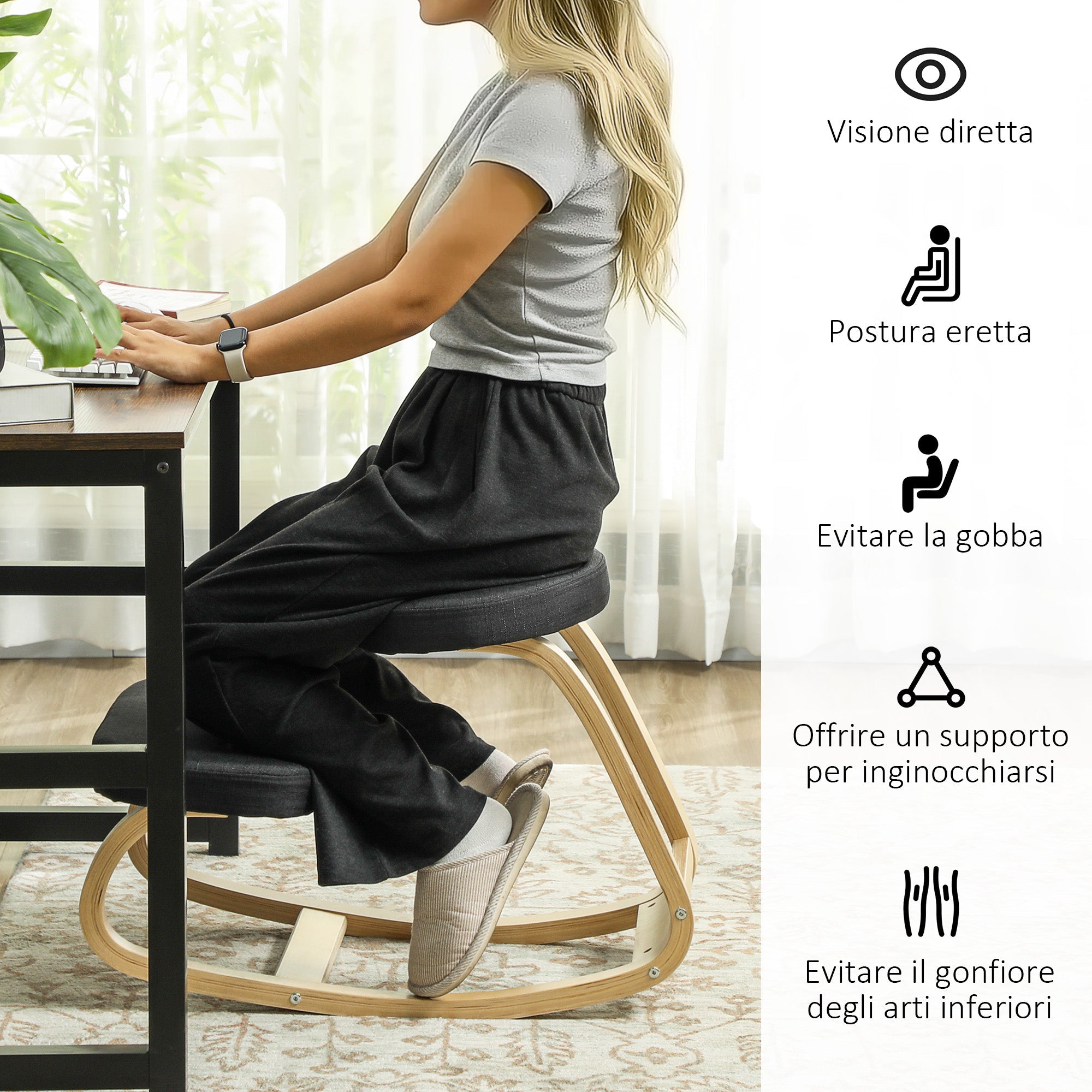 Sedia Inginocchiatoio con Movimento a Dondolo 50x73x55 cm in Tessuto Effetto Lino e Legno di Betulla Nero