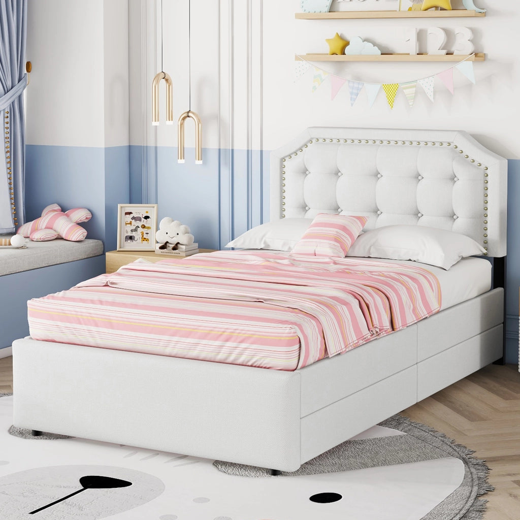 LETTO Imbottito 90x200 cm Beige Chiaro in MDF e lino con 2 cassetti