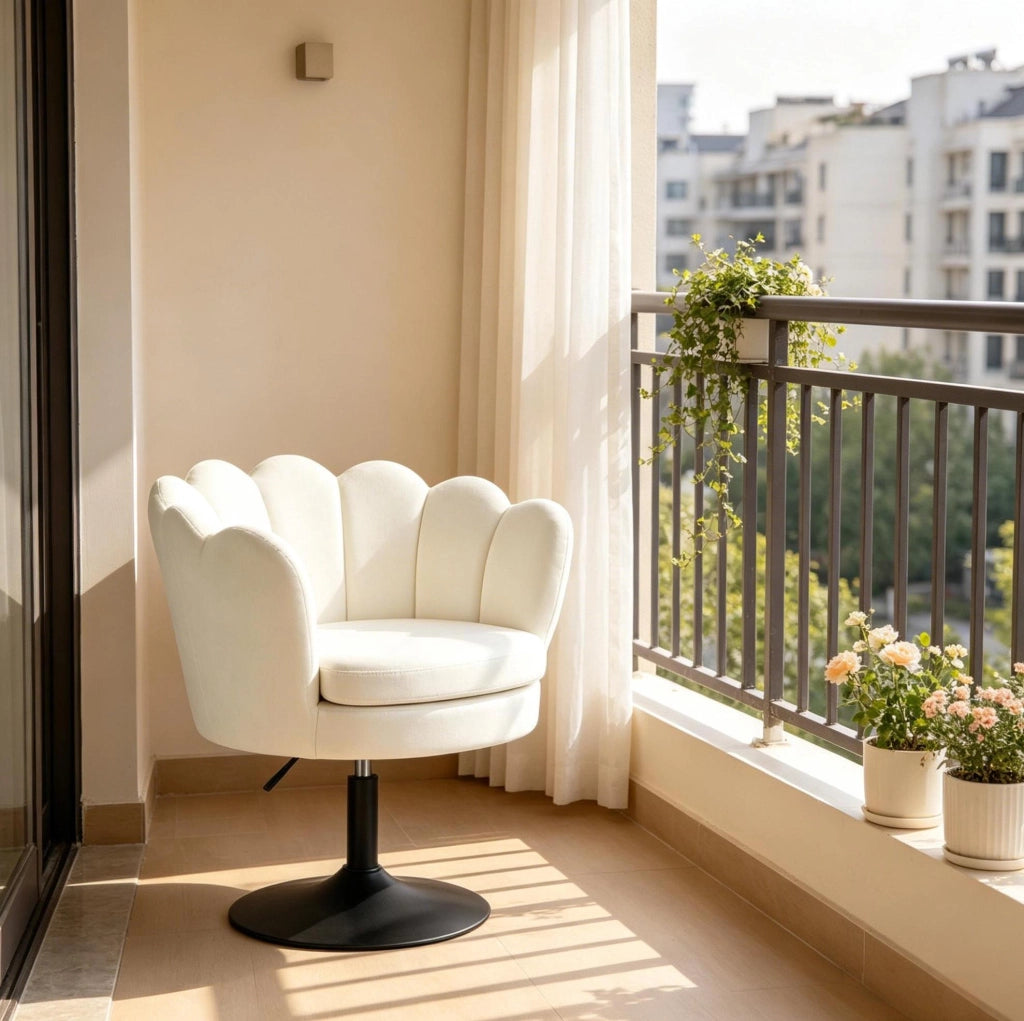 Sedia girevole ULEVR in velluto beige regolabile in altezza, con schienale e braccioli, base in metallo