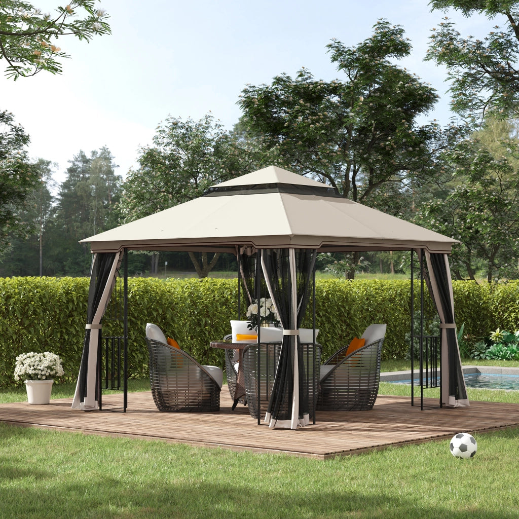 Gazebo da giardino con tetto doppio e 4 pareti laterali ¨C Xylo ¨C metallo e poliestere beige 2,99x2,99x2,74m