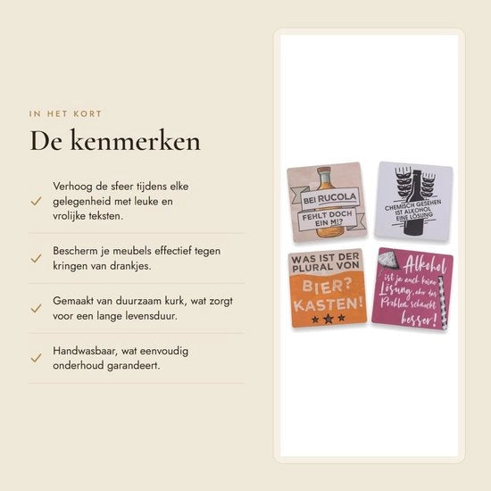 Set di 12 Onderzetters in Kurk con Slogans divertenti - Dimensioni 9,5 x 9,5 cm - Coaster - Materiale ecocompatibile