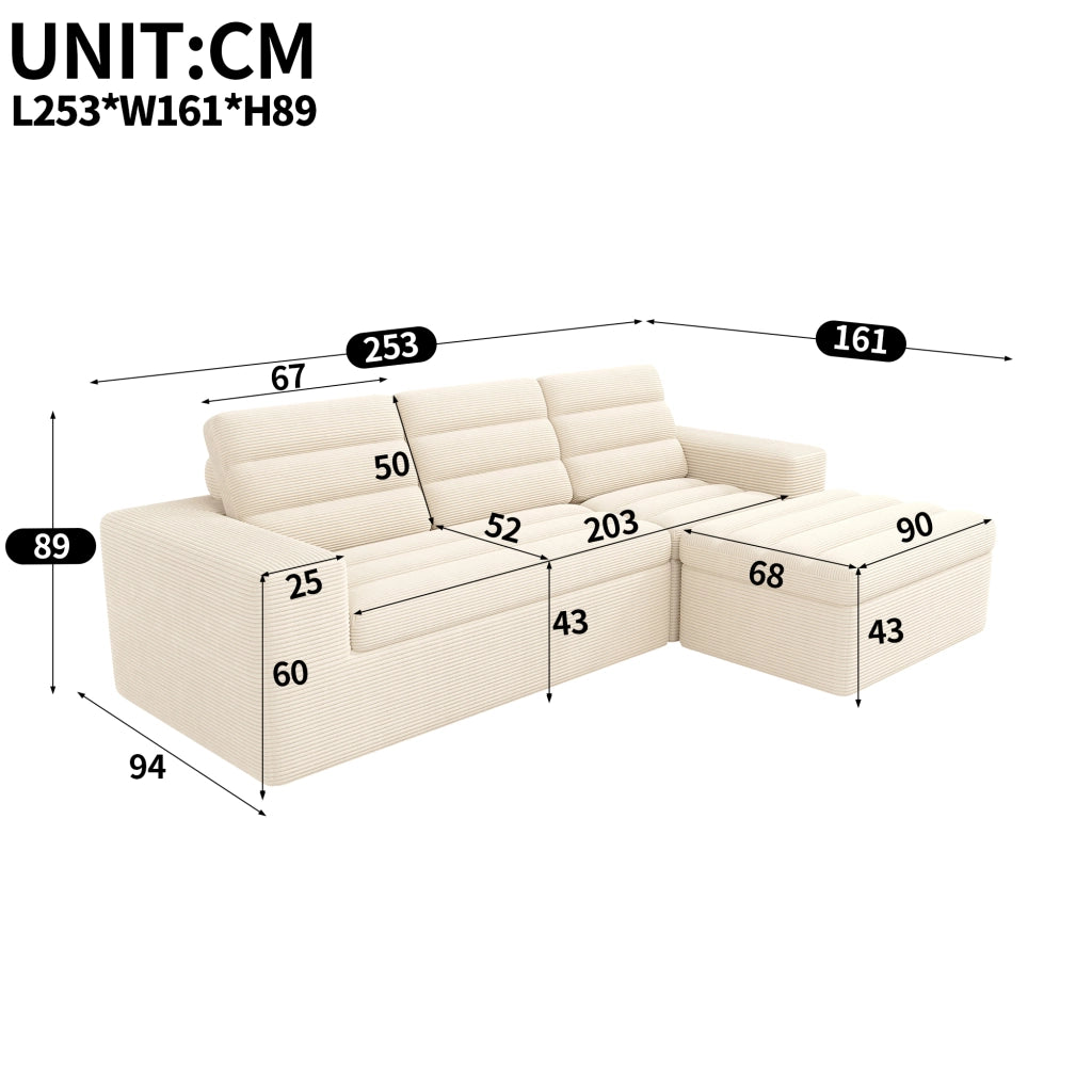 Divano angolare modulare a L in tessuto corduroy beige, senza struttura, 4-5 posti, con pouf