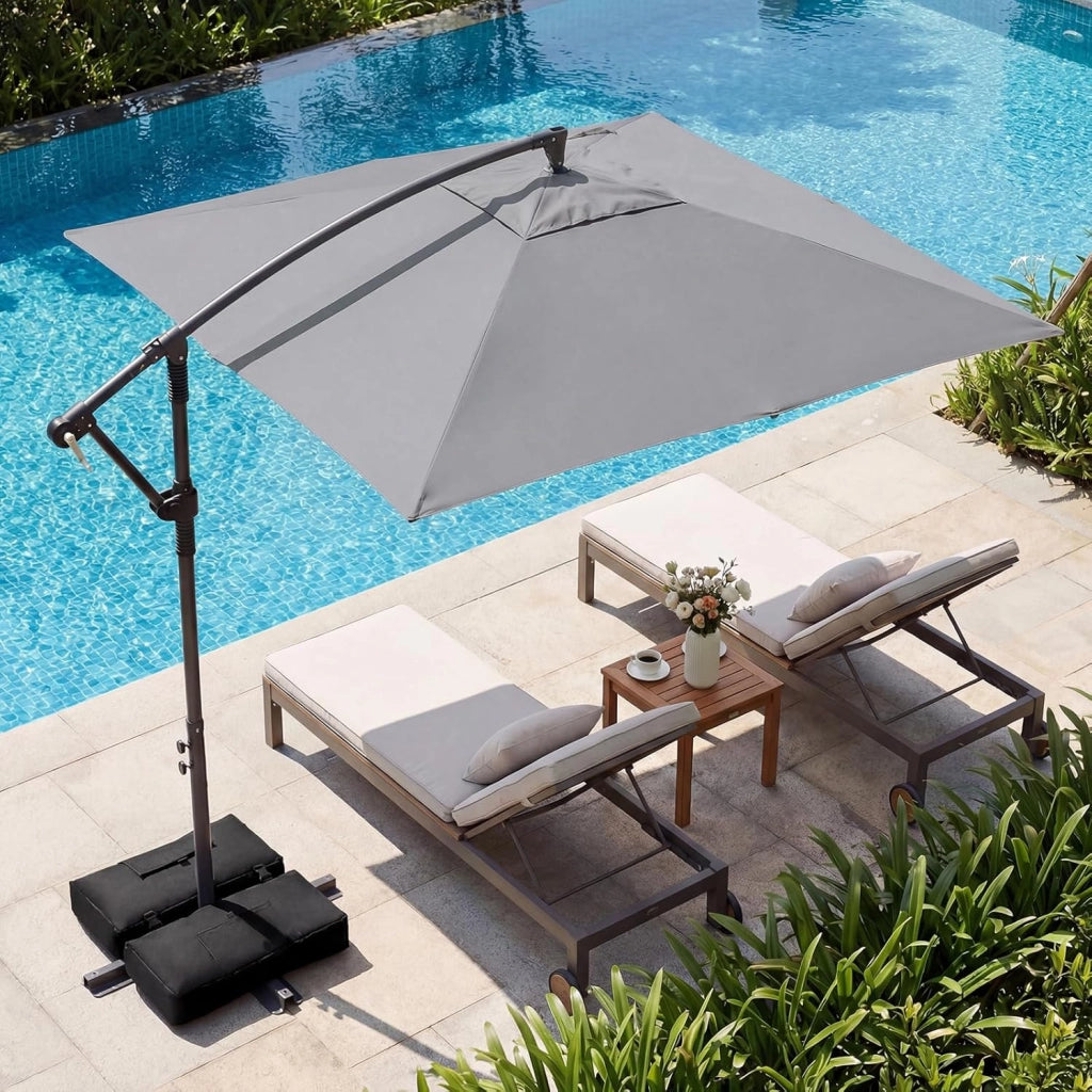 Ombrellone da Giardino 250 cm, Tettuccio Girevole e Ventilato | Protezione Solare, Resistente, Portatile, Sacchi di Sabbia, per Balcone, Esterno, Spiaggia (Grigio, 0 Luce LED)