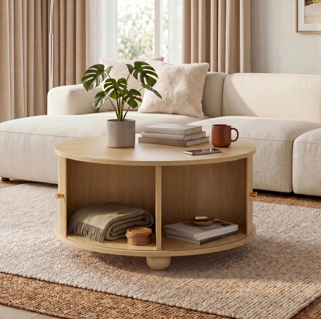 Tavolino da salotto rotondo 72x72x38 cm con due ante scorrevoli in MDF naturale