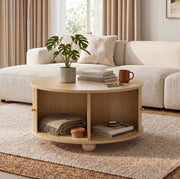Tavolino da salotto rotondo 72x72x38 cm con due ante scorrevoli in MDF naturale
