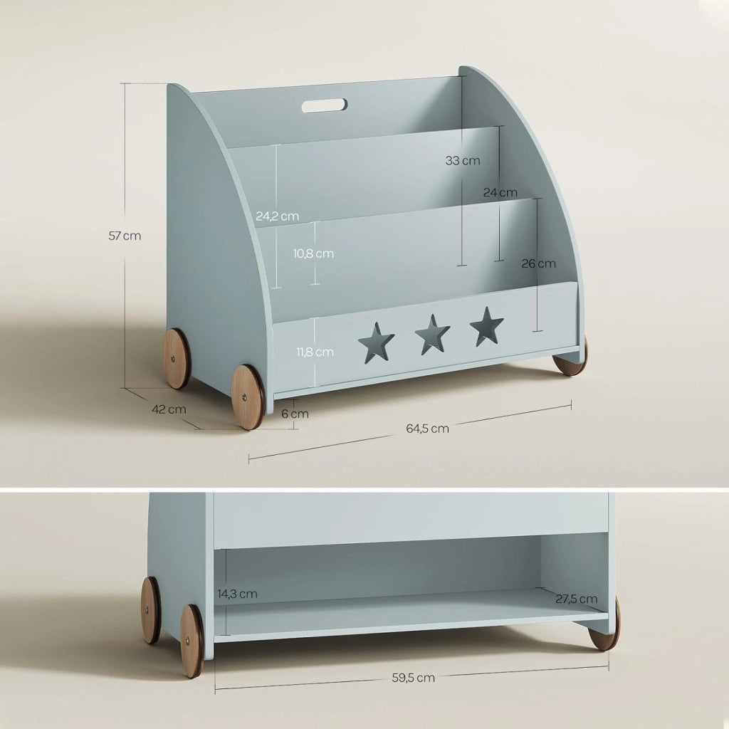 Libreria Piccola in Legno per Bambini, Scaffale Porta Giochi con Contenitore e Ruote, Organizzatore per Cameretta, Grigio 62x42x57cm