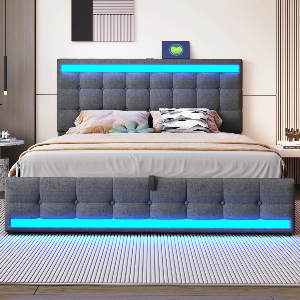 Letto imbottito con LED RGB, USB e contenitore integrato