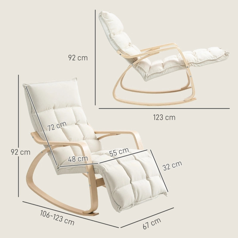 Poltrona a dondolo con schienale reclinabile e poggiapiedi regolabile per relax imbottita in poliestere bianco crema