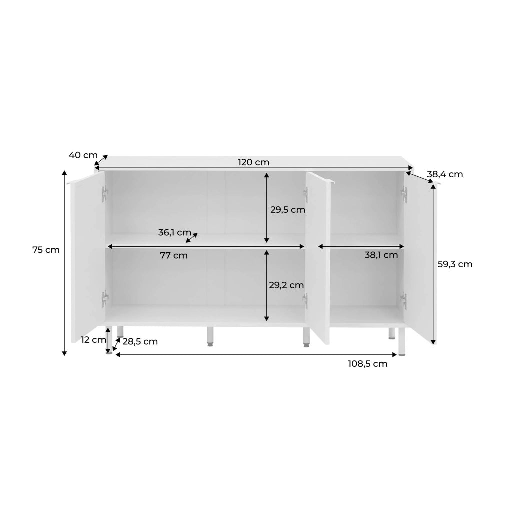 Credenza decorativa in legno e metallo 3 ante, 120cm, beige