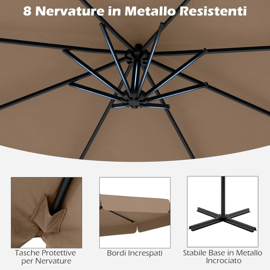 Ombrellone da Giardino 290 cm a Braccio | Inclinazione Regolabile, Manovella, 8 Stecche, Telo Solare, Copertura Inclusa