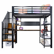Letto a Soppalco 140x200 cm, con Scale Contenitore, LED e Prese - in Metallo e Legno - Nero