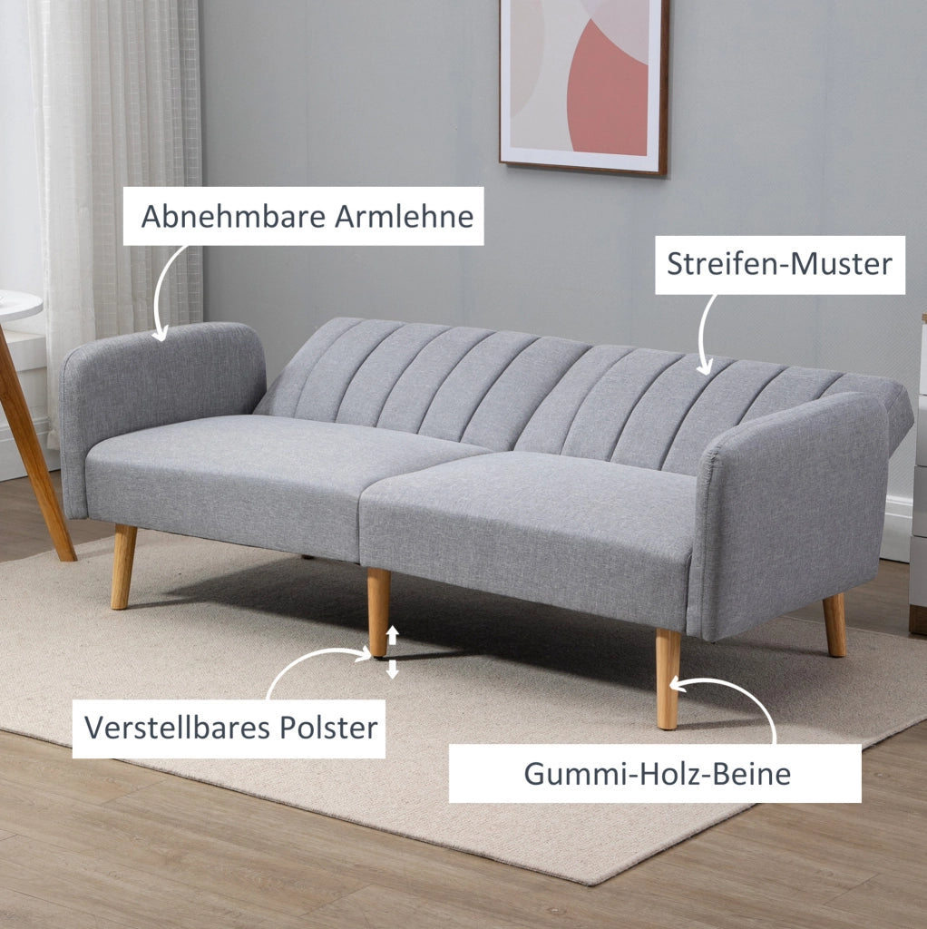Divano letto 2 posti con schienale regolabile e gambe in legno, 173x75x73 cm, grigio