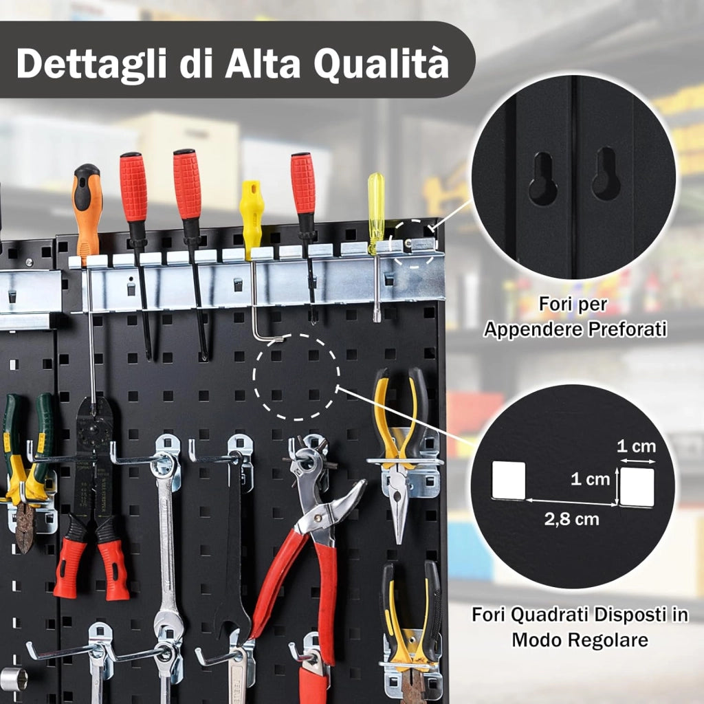 Kit 3 Pannelli Porta Attrezzi da Parete 60 x 40 cm, Pannello Forato Portaoggetti con 24 Ganci e Supporti, Pannello Portautensili per Officina e Garage (Nero)