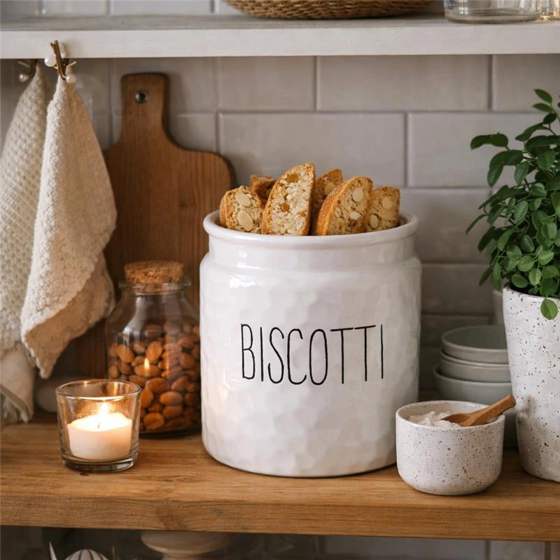 PORTA BISCOTTI MODELLO ONDULATO BIANCO CON TAPPO IN LEGNO 15 X 18 CM