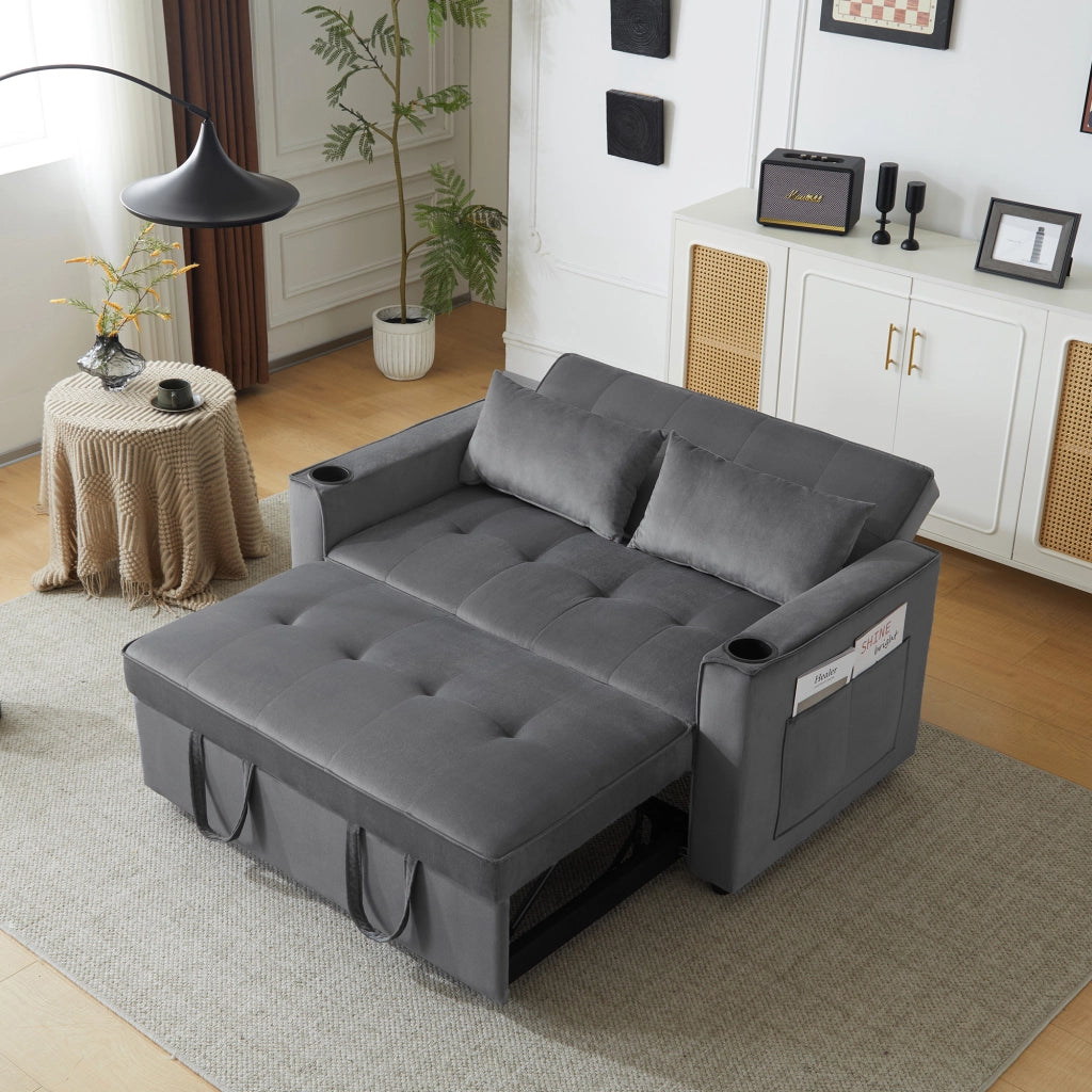 OKWISH Divano Letto 2 Posti, Schienale Regolabile a 3 Posizioni con Portabicchieri e Tasche Laterali, Velluto Grigio